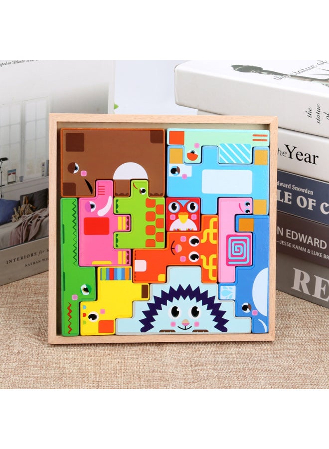 Children's Wooden Three-dimensional Puzzle Tetris Three-dimensional Animal Puzzle Puzzle Puzzle Building Block Toys Custom-Color:dn-animal Building Blocks - Image 1